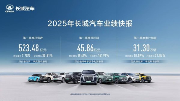 炒股配资指数网站 ​历史最佳第二季度！长城汽车二季度营收、净利润、销量全线大幅增长